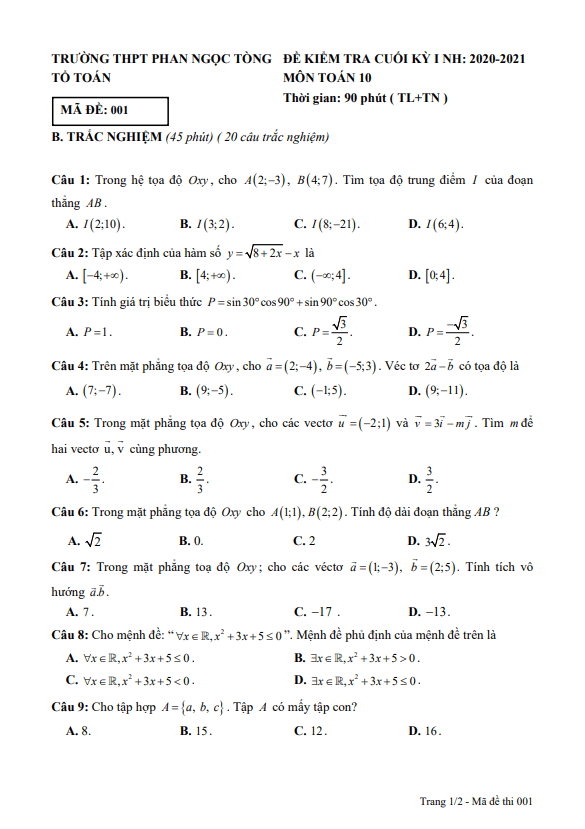 Đề thi học kì 1 (HK1) lớp 10 môn Toán năm 2020 2021 trường THPT Phan Ngọc Tòng Bến Tre