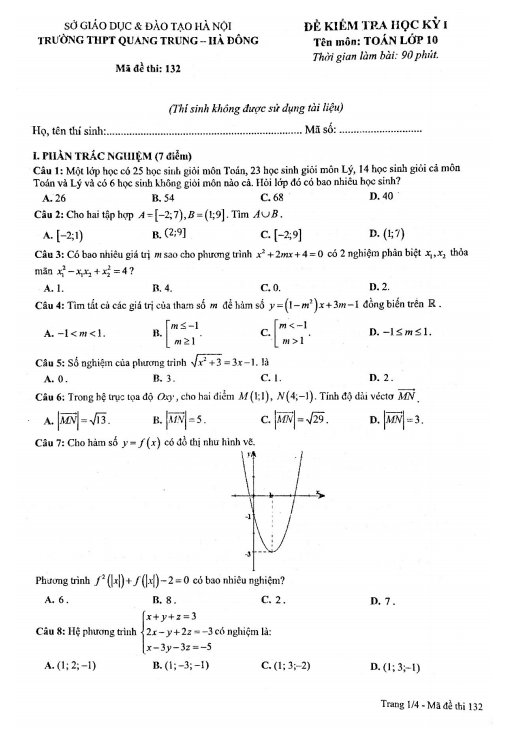 Đề thi học kì 1 (HK1) lớp 10 môn Toán năm 2020 2021 trường THPT Quang Trung Hà Nội
