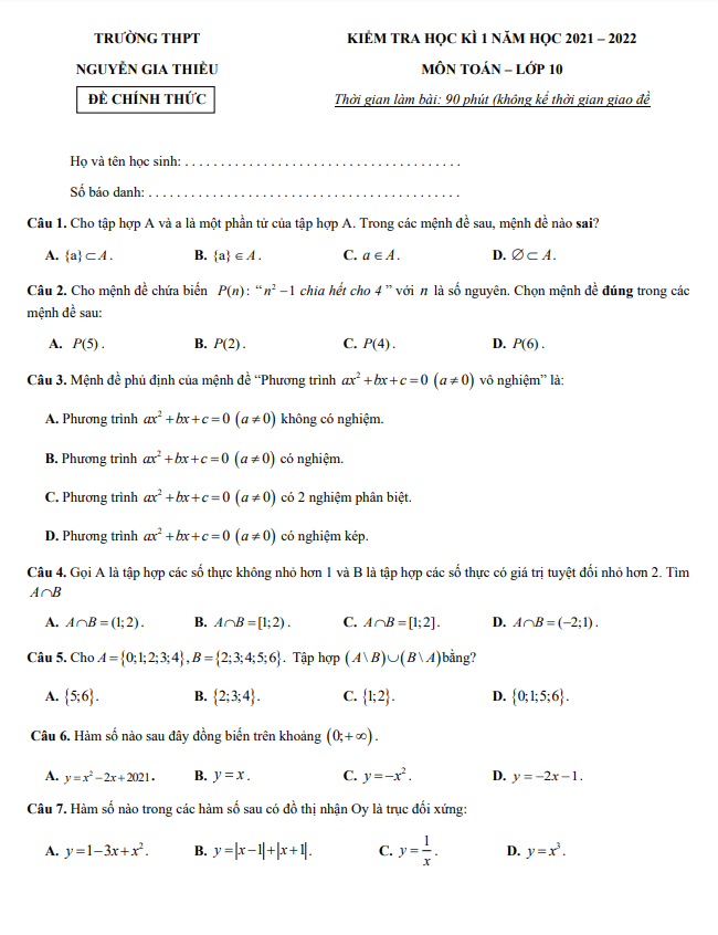 Đề thi học kì 1 (HK1) lớp 10 môn Toán năm 2021 2022 trường THPT Nguyễn Gia Thiều Hà Nội