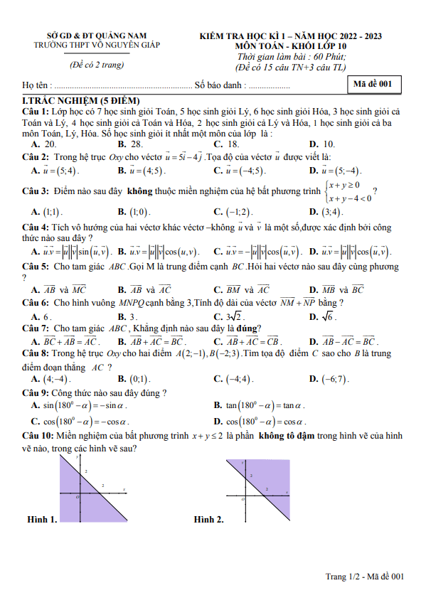 Đề thi học kì 1 (HK1) lớp 10 môn Toán năm 2022 2023 trường THPT Võ Nguyên Giáp Quảng Nam
