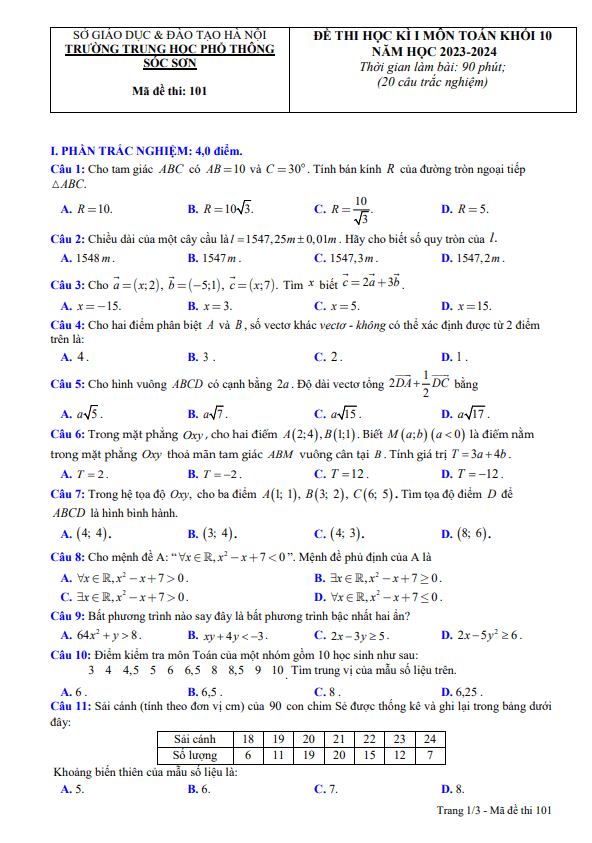 Đề thi học kì 1 (HK1) lớp 10 môn Toán năm 2023 2024 trường THPT Sóc Sơn Hà Nội