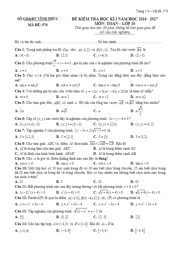 Đề thi học kì 1 (HK1) lớp 10 môn Toán năm học 2016 2017 sở GD và ĐT Vĩnh Phúc