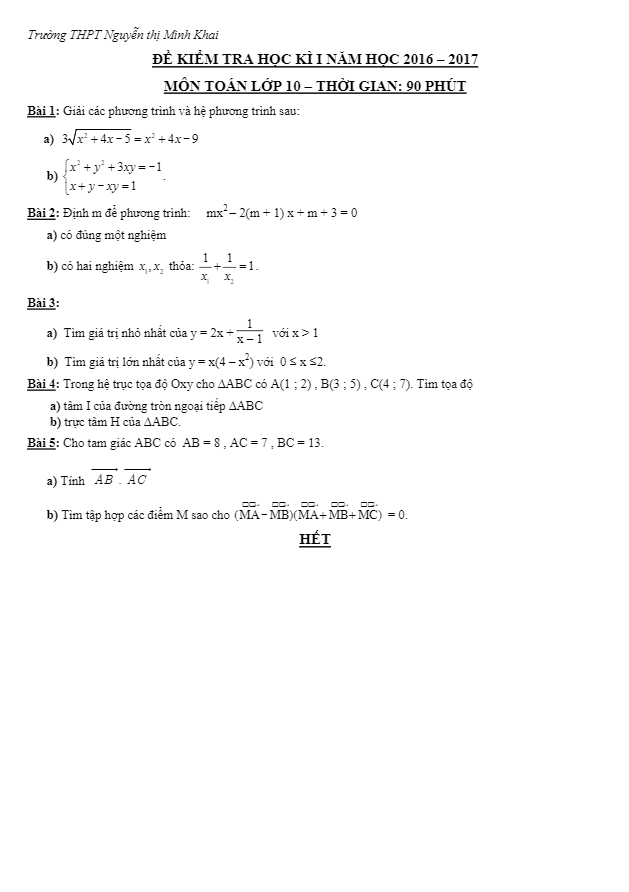Đề thi học kì 1 (HK1) lớp 10 môn Toán năm học 2016 2017 trường Nguyễn Thị Minh Khai TP.HCM