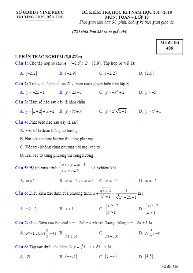 Đề thi học kì 1 (HK1) lớp 10 môn Toán năm học 2017 2018 trường THPT Bến Tre Vĩnh Phúc