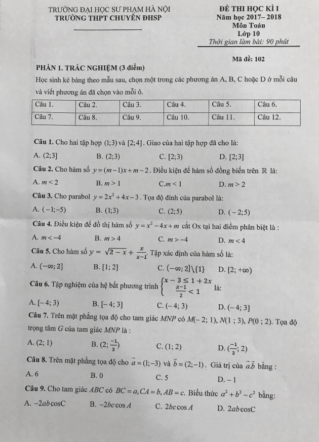 Đề thi học kì 1 (HK1) lớp 10 môn Toán năm học 2017 2018 trường THPT chuyên Đại học Sư Phạm Hà Nội