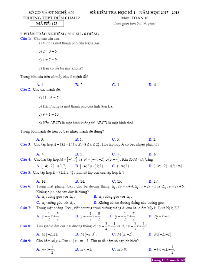 Đề thi học kì 1 (HK1) lớp 10 môn Toán năm học 2017 2018 trường THPT Diễn Châu 2 Nghệ An