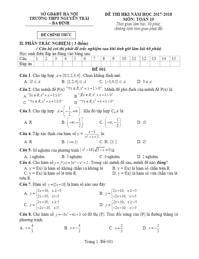 Đề thi học kì 1 (HK1) lớp 10 môn Toán năm học 2017 2018 trường THPT Nguyễn Trãi Hà Nội