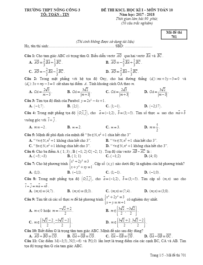 Đề thi học kì 1 (HK1) lớp 10 môn Toán năm học 2017 2018 trường THPT Nông Cống 3 Thanh Hóa