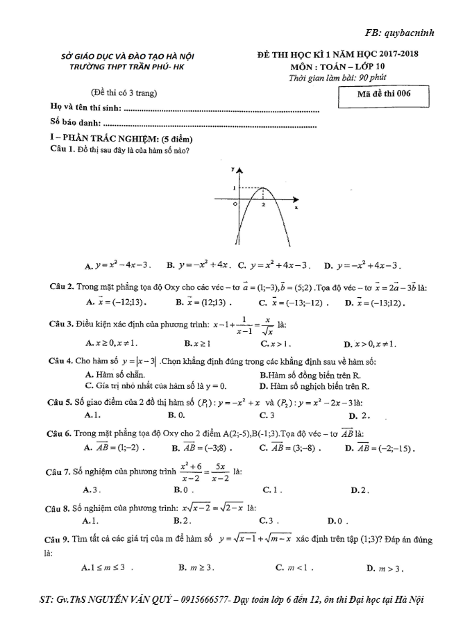 Đề thi học kì 1 (HK1) lớp 10 môn Toán năm học 2017 2018 trường THPT Trần Phú Hà Nội