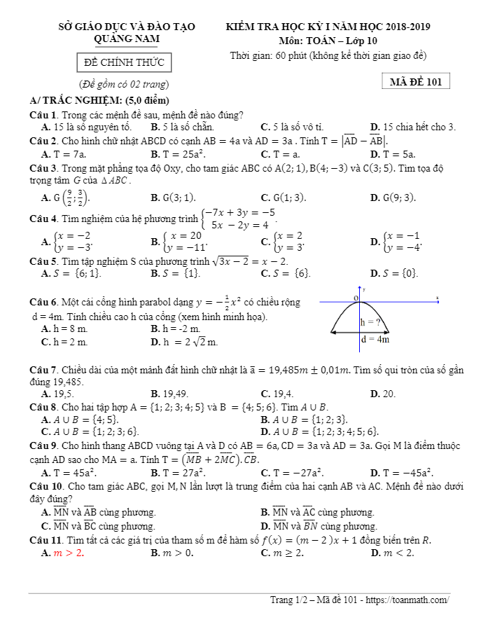 Đề thi học kì 1 (HK1) lớp 10 môn Toán năm học 2018 2019 sở GD và ĐT Quảng Nam