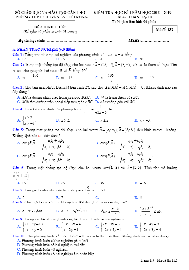 Đề thi học kì 1 (HK1) lớp 10 môn Toán năm học 2018 2019 trường THPT chuyên Lý Tự Trọng Cần Thơ