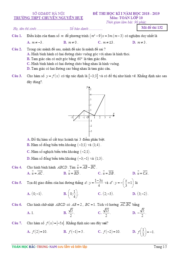 Đề thi học kì 1 (HK1) lớp 10 môn Toán năm học 2018 2019 trường THPT chuyên Nguyễn Huệ Hà Nội