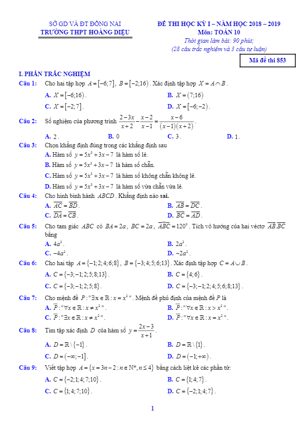 Đề thi học kì 1 (HK1) lớp 10 môn Toán năm học 2018 2019 trường THPT Hoàng Diệu Đồng Nai