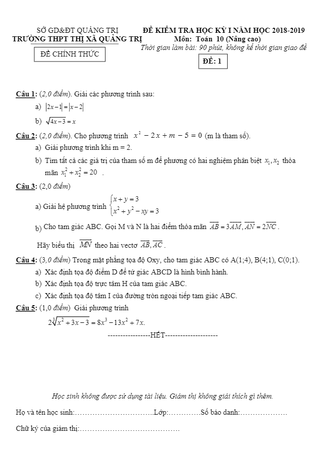 Đề thi học kì 1 (HK1) lớp 10 môn Toán năm học 2018 2019 trường THPT Thị Xã Quảng Trị