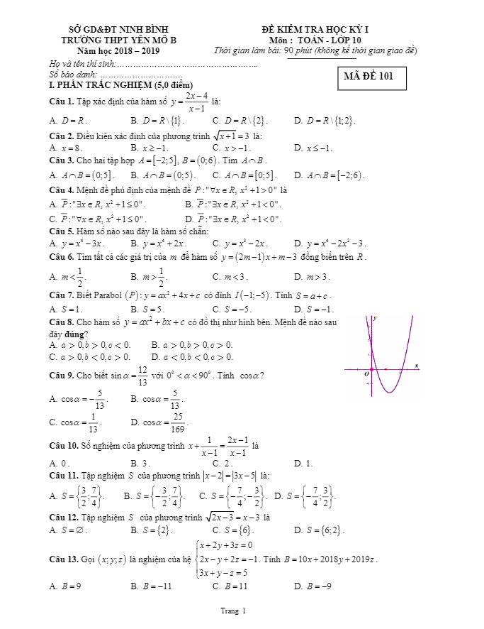 Đề thi học kì 1 (HK1) lớp 10 môn Toán năm học 2018 2019 trường Yên Mô B Ninh Bình