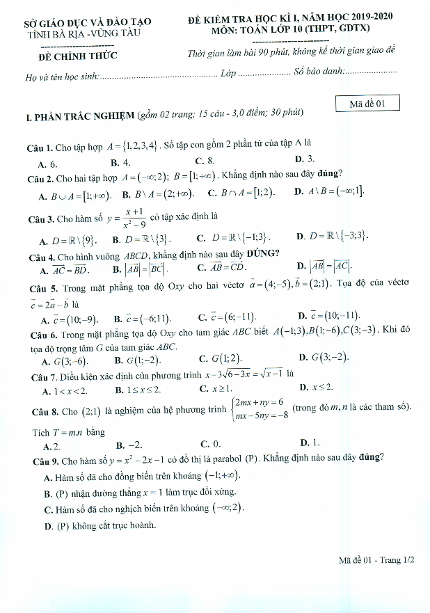 Đề thi học kì 1 (HK1) lớp 10 môn Toán năm học 2019 2020 sở GD ĐT Bà Rịa Vũng Tàu