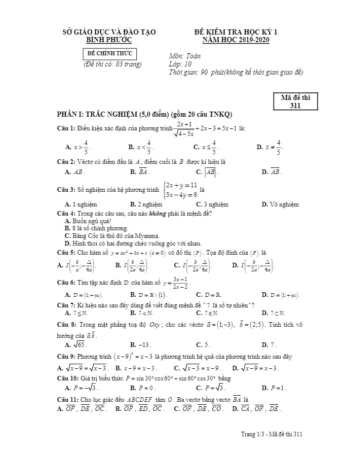 Đề thi học kì 1 (HK1) lớp 10 môn Toán năm học 2019 2020 sở GD ĐT Bình Phước