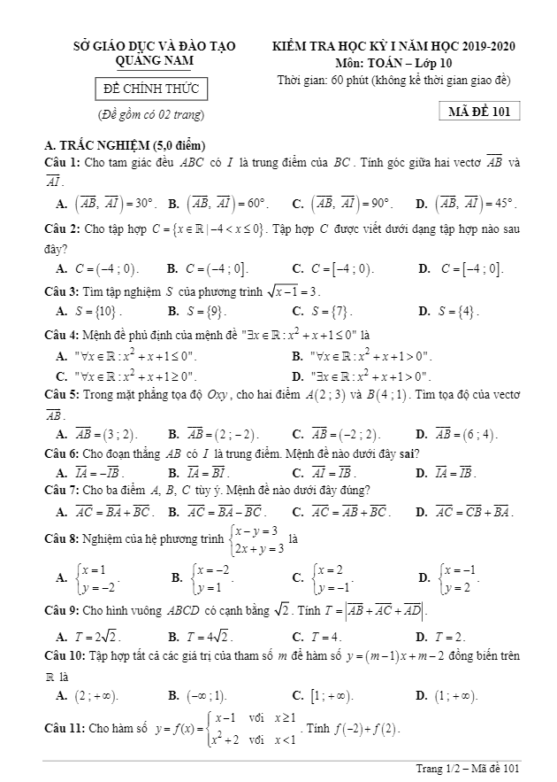 Đề thi học kì 1 (HK1) lớp 10 môn Toán năm học 2019 2020 sở GD ĐT Quảng Nam
