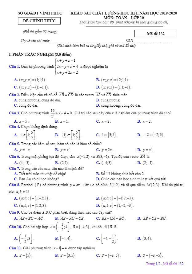 Đề thi học kì 1 (HK1) lớp 10 môn Toán năm học 2019 2020 sở GD ĐT Vĩnh Phúc