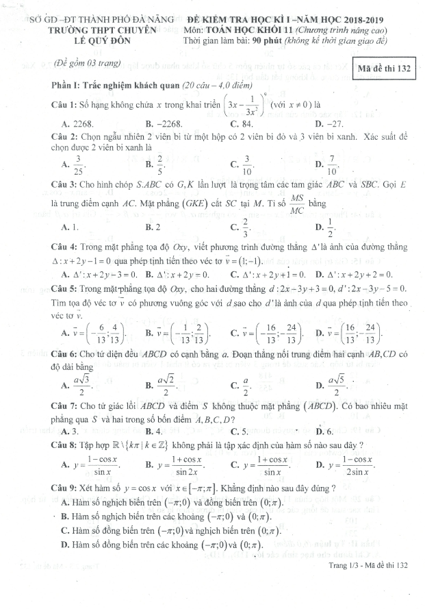 Đề thi học kì 1 (HK1) lớp 11 môn Toán năm 2018 2019 trường chuyên Lê Quý Đôn Đà Nẵng