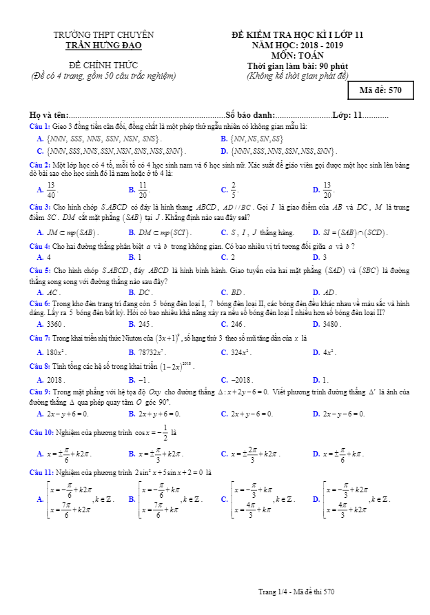 Đề thi học kì 1 (HK1) lớp 11 môn Toán năm 2018 2019 trường chuyên Trần Hưng Đạo Bình Thuận