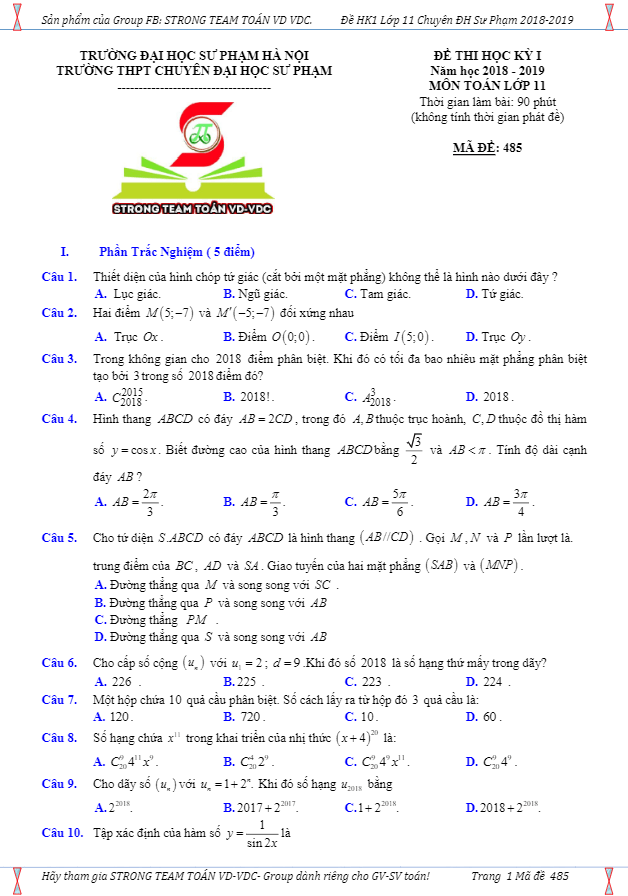 Đề thi học kì 1 (HK1) lớp 11 môn Toán năm 2018 2019 trường THPT chuyên ĐHSP Hà Nội
