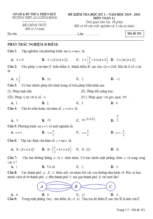 Đề thi học kì 1 (HK1) lớp 11 môn Toán năm 2019 2020 trường An Lương Đông TT Huế