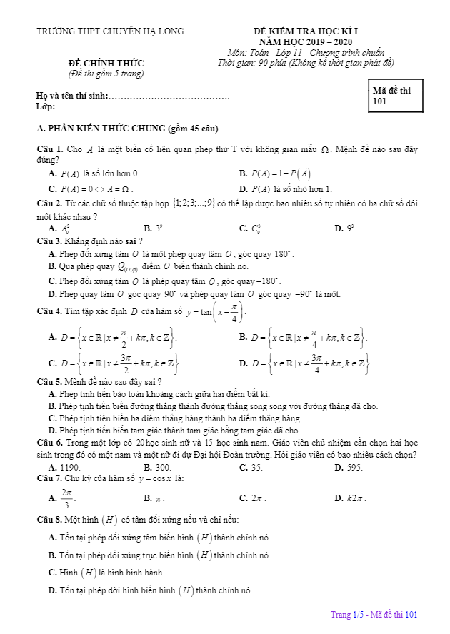 Đề thi học kì 1 (HK1) lớp 11 môn Toán năm 2019 2020 trường chuyên Hạ Long Quảng Ninh