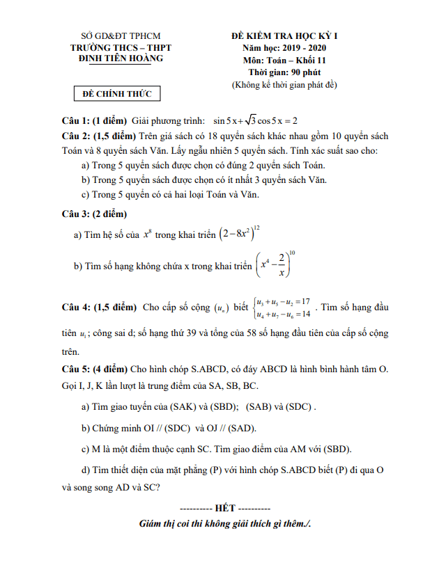 Đề thi học kì 1 (HK1) lớp 11 môn Toán năm 2019 2020 trường Đinh Tiên Hoàng TP HCM