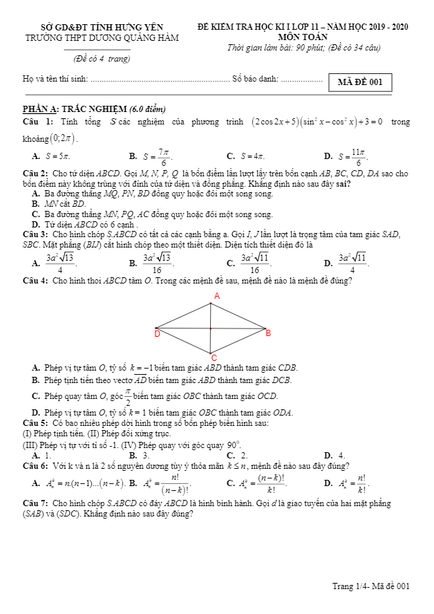 Đề thi học kì 1 (HK1) lớp 11 môn Toán năm 2019 2020 trường Dương Quảng Hàm Hưng Yên