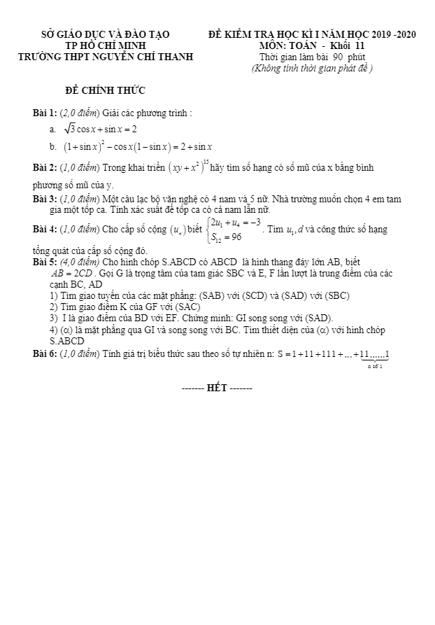 Đề thi học kì 1 (HK1) lớp 11 môn Toán năm 2019 2020 trường Nguyễn Chí Thanh TP HCM