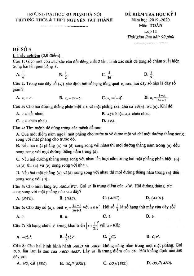 Đề thi học kì 1 (HK1) lớp 11 môn Toán năm 2019 2020 trường Nguyễn Tất Thành Hà Nội