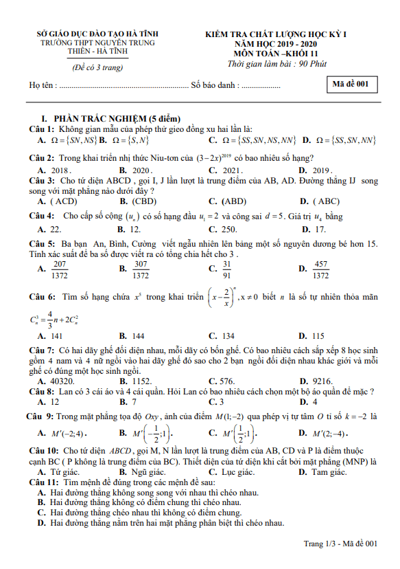 Đề thi học kì 1 (HK1) lớp 11 môn Toán năm 2019 2020 trường Nguyễn Trung Thiên Hà Tĩnh