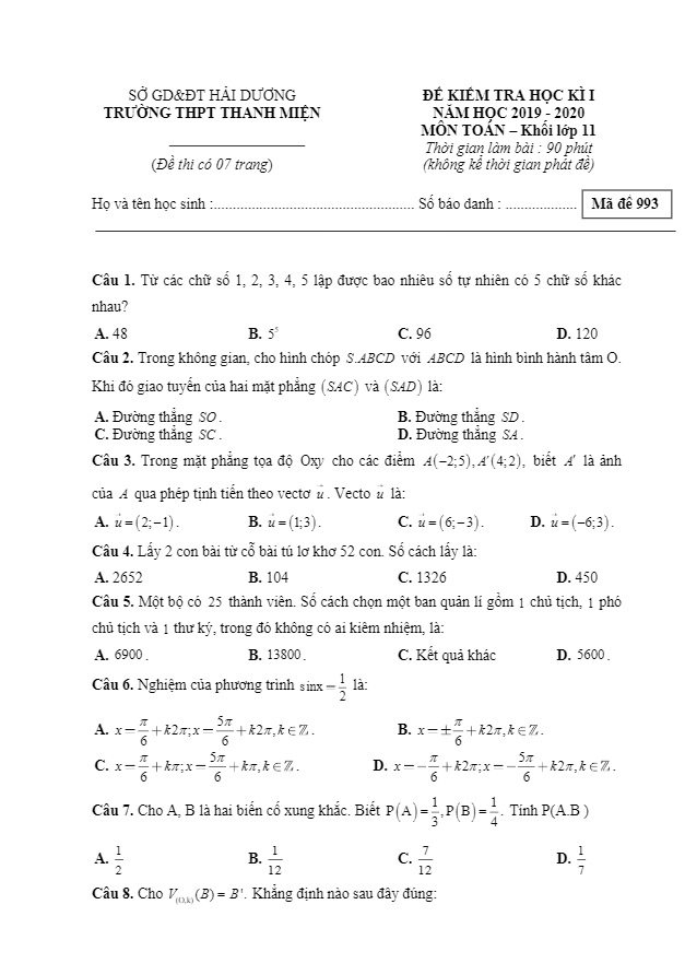 Đề thi học kì 1 (HK1) lớp 11 môn Toán năm 2019 2020 trường Thanh Miện Hải Dương