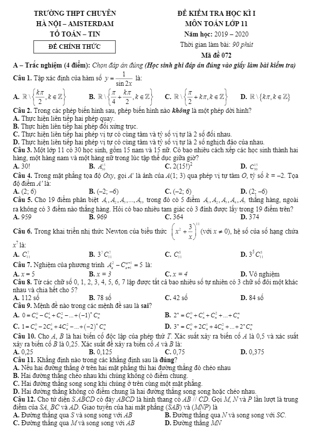 Đề thi học kì 1 (HK1) lớp 11 môn Toán năm 2019 2020 trường THPT chuyên Hà Nội Amsterdam