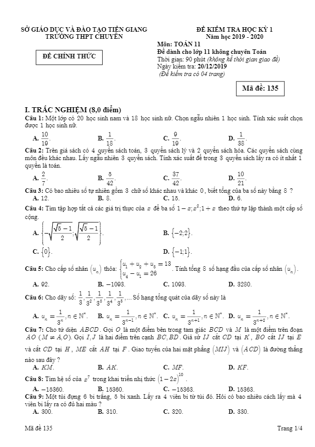 Đề thi học kì 1 (HK1) lớp 11 môn Toán năm 2019 2020 trường THPT chuyên Tiền Giang