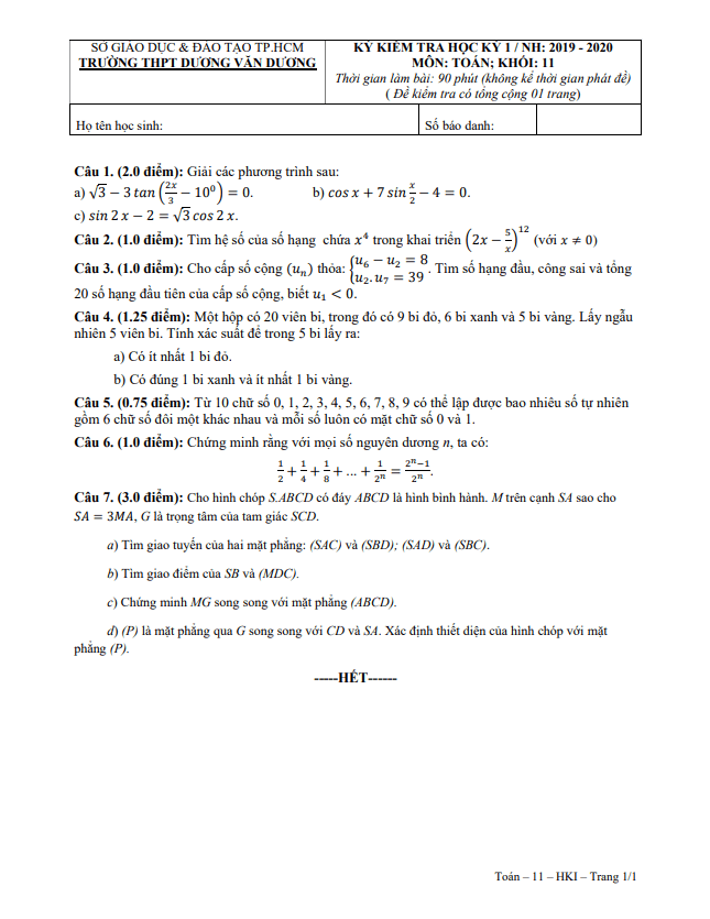 Đề thi học kì 1 (HK1) lớp 11 môn Toán năm 2019 2020 trường THPT Dương Văn Dương TP HCM