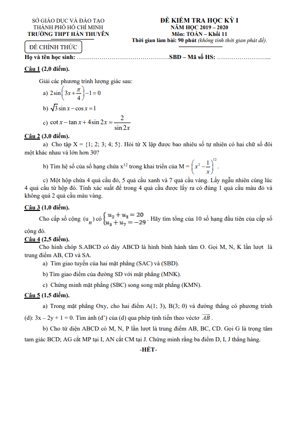 Đề thi học kì 1 (HK1) lớp 11 môn Toán năm 2019 2020 trường THPT Hàn Thuyên TP HCM