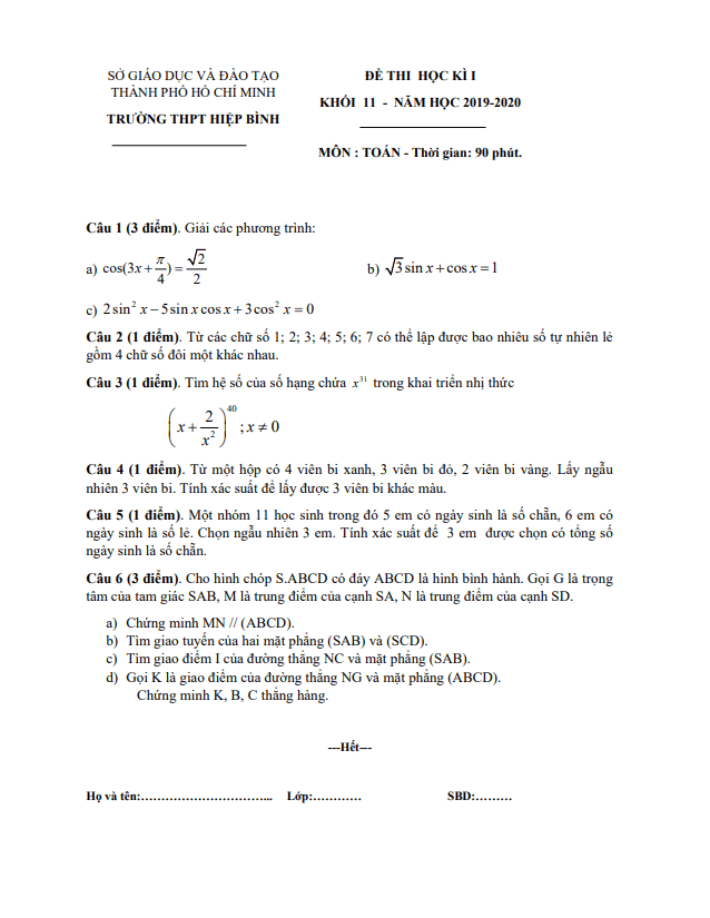 Đề thi học kì 1 (HK1) lớp 11 môn Toán năm 2019 2020 trường THPT Hiệp Bình TP HCM