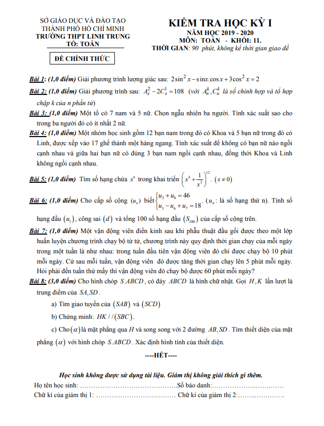 Đề thi học kì 1 (HK1) lớp 11 môn Toán năm 2019 2020 trường THPT Linh Trung TP HCM