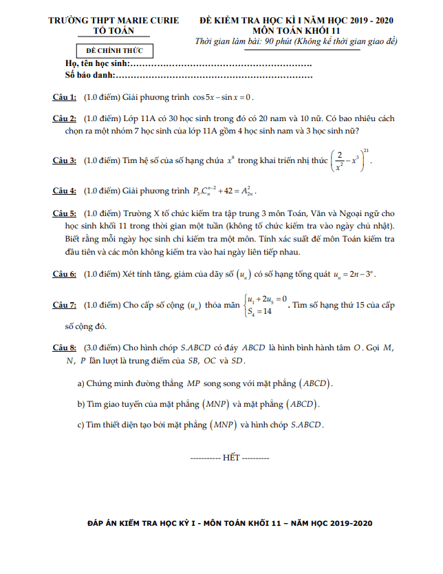 Đề thi học kì 1 (HK1) lớp 11 môn Toán năm 2019 2020 trường THPT Marie Curie TP HCM
