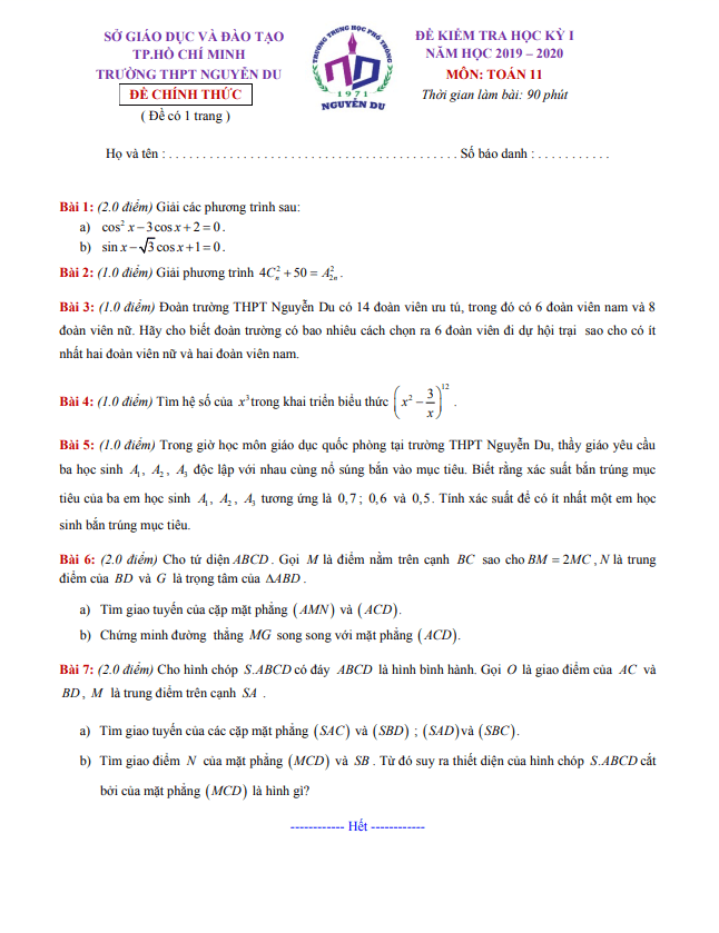 Đề thi học kì 1 (HK1) lớp 11 môn Toán năm 2019 2020 trường THPT Nguyễn Du TP HCM