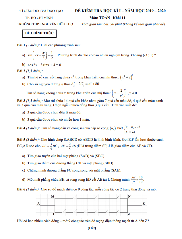 Đề thi học kì 1 (HK1) lớp 11 môn Toán năm 2019 2020 trường THPT Nguyễn Hữu Thọ TP HCM