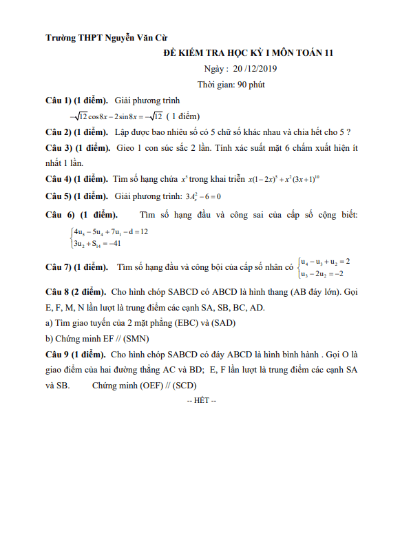 Đề thi học kì 1 (HK1) lớp 11 môn Toán năm 2019 2020 trường THPT Nguyễn Văn Cừ TP HCM