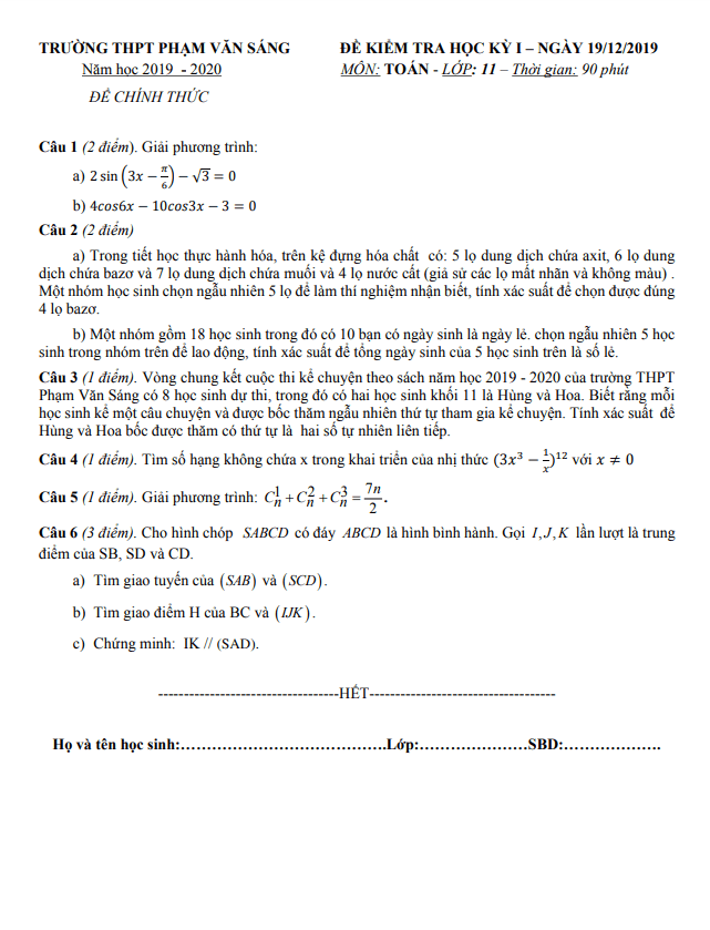 Đề thi học kì 1 (HK1) lớp 11 môn Toán năm 2019 2020 trường THPT Phạm Văn Sáng TP HCM