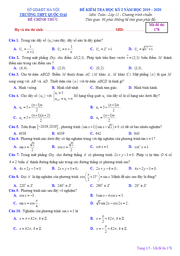Đề thi học kì 1 (HK1) lớp 11 môn Toán năm 2019 2020 trường THPT Quốc Oai Hà Nội