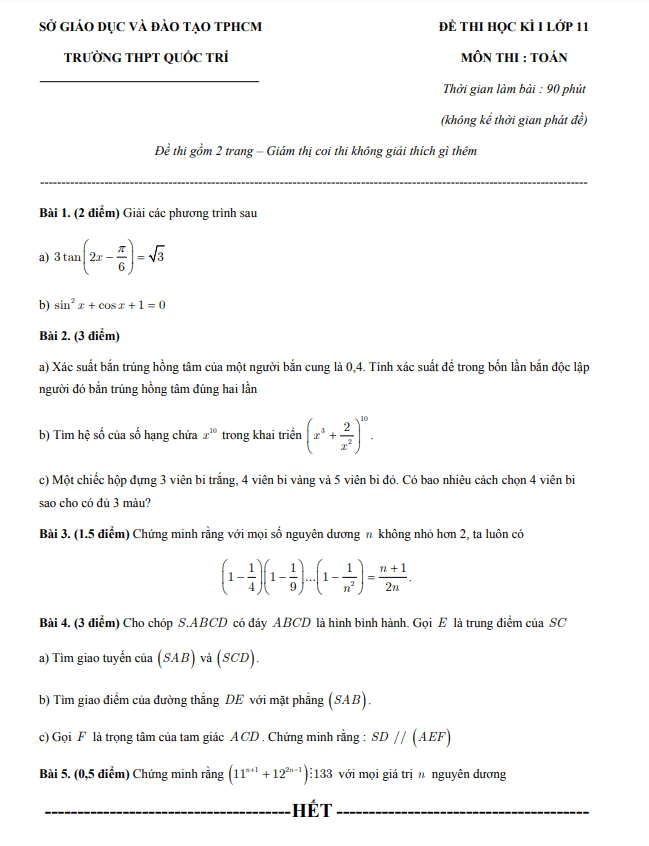 Đề thi học kì 1 (HK1) lớp 11 môn Toán năm 2019 2020 trường THPT Quốc Trí TP HCM