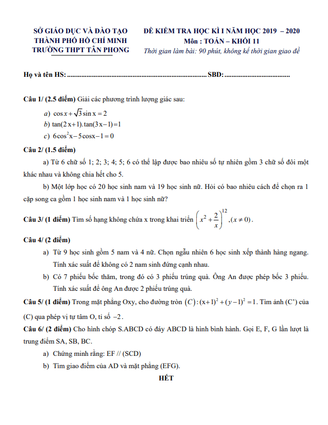 Đề thi học kì 1 (HK1) lớp 11 môn Toán năm 2019 2020 trường THPT Tân Phong TP HCM