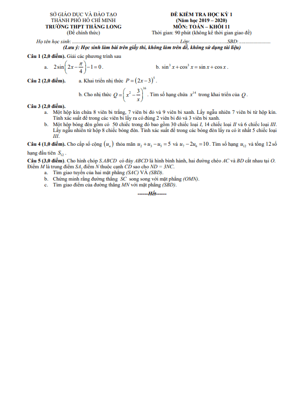 Đề thi học kì 1 (HK1) lớp 11 môn Toán năm 2019 2020 trường THPT Thăng Long TP HCM
