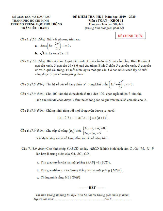 Đề thi học kì 1 (HK1) lớp 11 môn Toán năm 2019 2020 trường THPT Trần Hữu Trang TP HCM